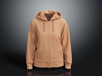 Light Brown Hooded Zip Up Sweatshirt Featuring Front Pocket And Long Sleeves 3d model