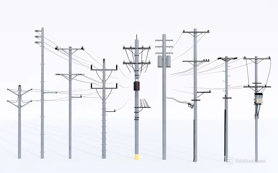 Roadside Infrastructure with Different Utility Poles Power Lines and Equipment 3d model 
