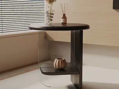 Modern Round Top Side Table With Lower Shelf Decorated With Vase Diffuser And Pumpkin Ornament 3d model