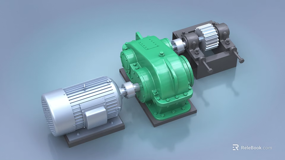 Industrial Mechanical Equipment Green Gearbox And Silver Electric Motor Components 3d model 