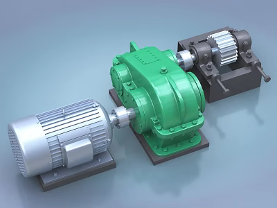 Industrial Mechanical Equipment Green Gearbox And Silver Electric Motor Components 3d model
