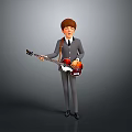 3D Brown Haired Male Game Movie Character in Gray Suit Holding Red Brown Electric Guitar