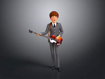 3D Brown Haired Male Game Movie Character in Gray Suit Holding Red Brown Electric Guitar 3d model