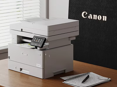 Modern Canon Multifunction Office Printer On Wooden Desk With Notebook And Pen 3d model