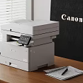 Modern Canon Multifunction Office Printer On Wooden Desk With Notebook And Pen 3d model