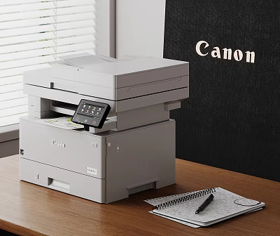 Modern Canon Multifunction Office Printer On Wooden Desk With Notebook And Pen 3d model