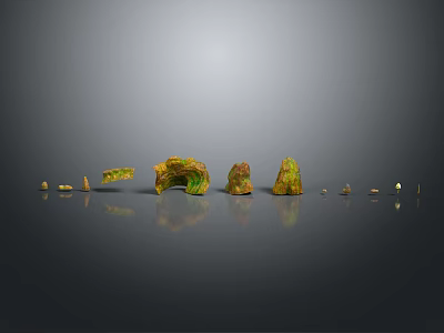 Wood and Stone Decorative Pieces with Yellow Green Tones Textured Surfaces on Black Surface 3d model