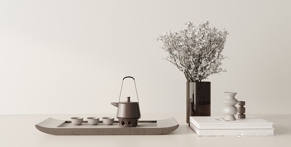 Minimalist Tea Set with Light Gray Tray Brown Teapot Cups White Flower Vase and Books 3d model 