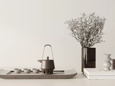 Minimalist Tea Set with Light Gray Tray Brown Teapot Cups White Flower Vase and Books 3d model