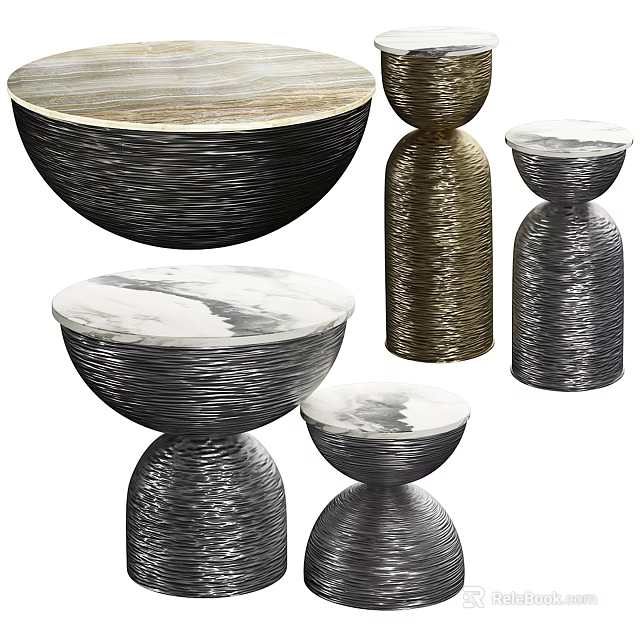 Stylish Modern Side Tables With Marble Tops And Metallic Textured Bases 3d model 