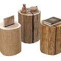 Natural Wooden Tree Stump Stools With Decorative Items On Top For Home Decor