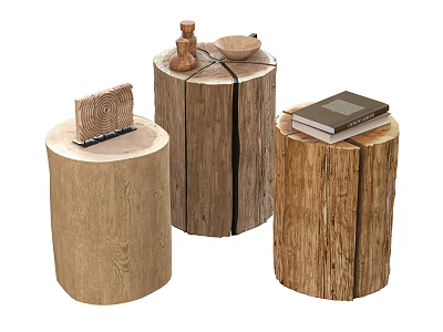 Natural Wooden Tree Stump Stools With Decorative Items On Top For Home Decor 3d model