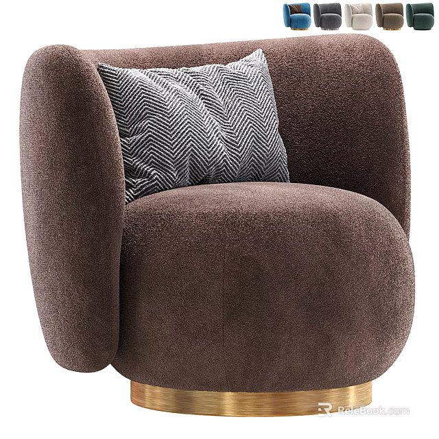 Brown Velvet Armchair With Grey Herringbone Pattern Pillow And Rounded Design 3d model