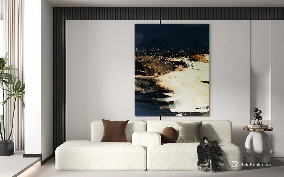 Modern Living Room Interior With White Sofa Abstract Painting And Throw Pillows 3d model 