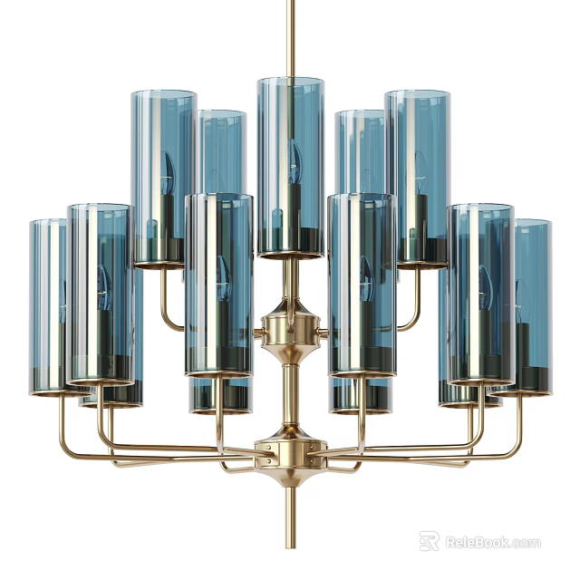 Elegant Modern Chandelier With Cylindrical Blue Glass Shades And Metal Frame 3d model 