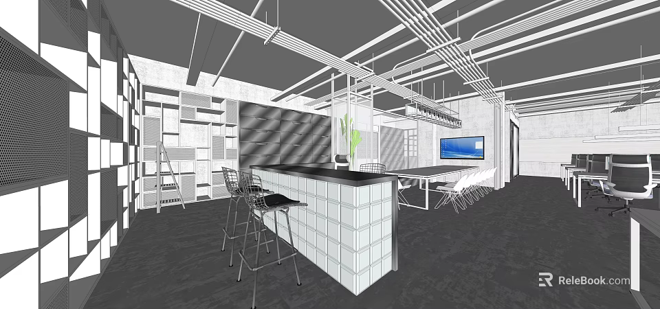 Public Office Space With Open Layout Bar Counter High Stools Bookshelves And TV Screen 3d model 