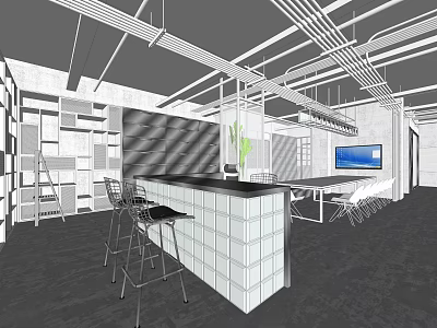 Public Office Space With Open Layout Bar Counter High Stools Bookshelves And TV Screen 3d model