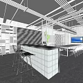 Public Office Space With Open Layout Bar Counter High Stools Bookshelves And TV Screen