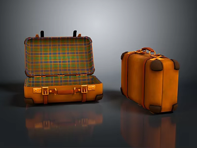 Orange Suitcases With Open Green Plaid Interior And Closed Brown Handles Black Corners 3d model