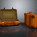 Orange Suitcases With Open Green Plaid Interior And Closed Brown Handles Black Corners