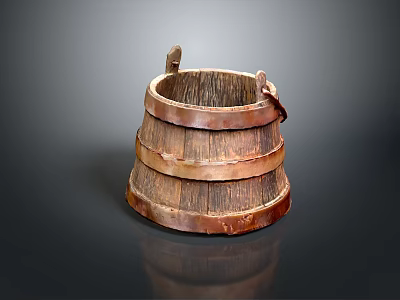 Rustic Vintage Wooden Bucket With Metal Hoops For Daily Household Use 3d model