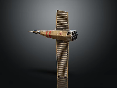 Golden Fighter Jet Model With Cross Shaped Wings Rear Engines And Red Stripes 3d model