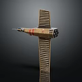 Golden Fighter Jet Model With Cross Shaped Wings Rear Engines And Red Stripes