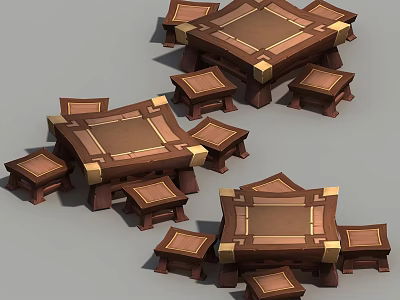 Three Stylish Square Table and Chair Sets with Brown Surfaces and Gold Accents 3d model