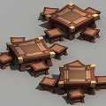 Three Stylish Square Table and Chair Sets with Brown Surfaces and Gold Accents
