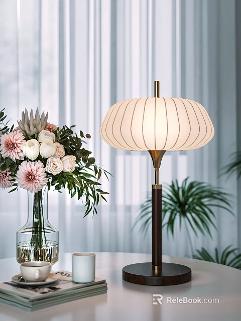 Floor Lamp With Striped White Lampshade In Indoor Living Space With Fresh Flower Bouquet 3d model 