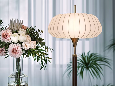 Floor Lamp With Striped White Lampshade In Indoor Living Space With Fresh Flower Bouquet 3d model