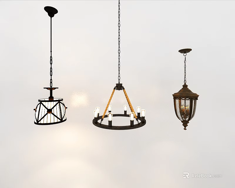 Three Different Design Chandeliers With Metal Frame Wooden Triangle And Glass Shade 3d model 