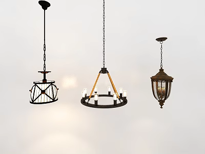 Three Different Design Chandeliers With Metal Frame Wooden Triangle And Glass Shade 3d model