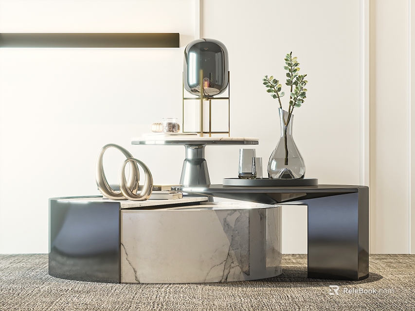 Elegant Modern Coffee Table With Marble Top Metal Frame And Decorative Vase Green Plants 3d model 