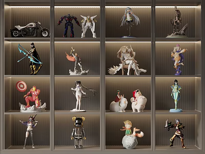 Variety Of Dolls On Illuminated Display Shelves 3d model