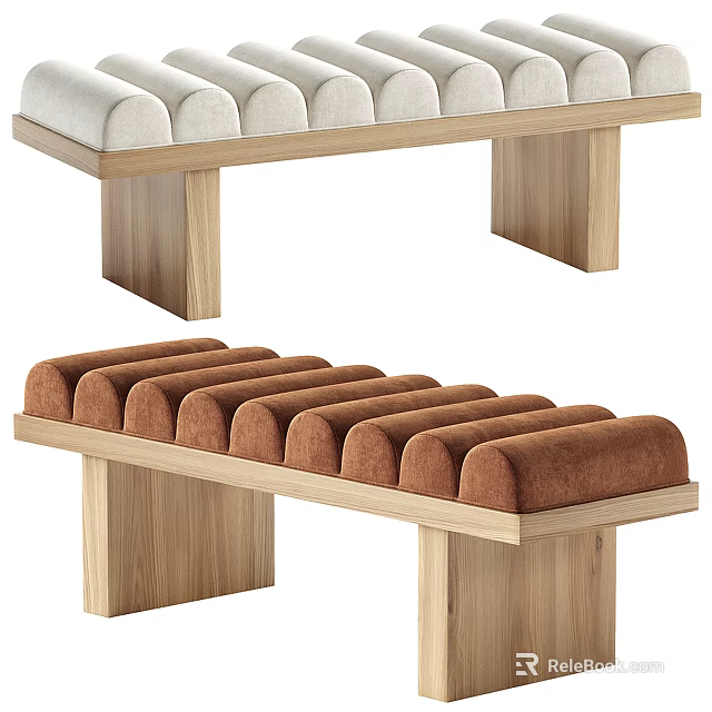 Modern Upholstered Bench With Tufted Light Beige And Brown Cushions And Wooden Legs 3d model 