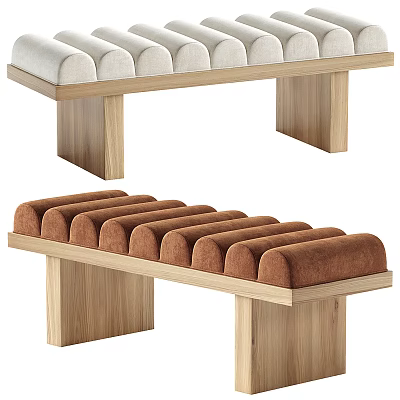 Modern Upholstered Bench With Tufted Light Beige And Brown Cushions And Wooden Legs 3d model