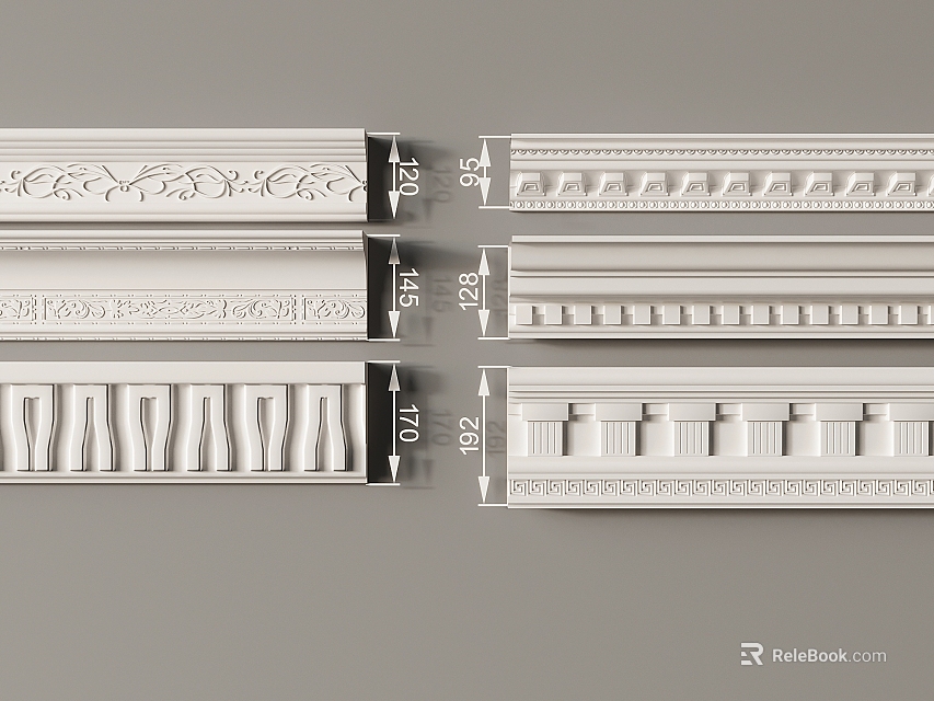 Gypsum Cornice Molding with Different Decorative Patterns Styles and Dimensions 3d model 