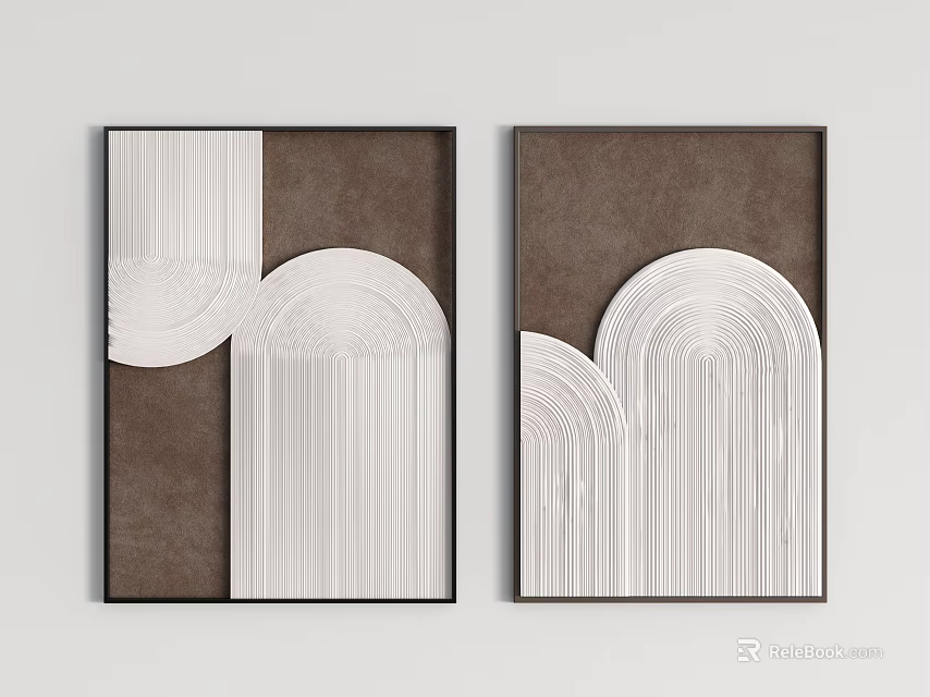 Modern Two Piece Wall Art With Brown Background And White Geometric Patterns 3d model 