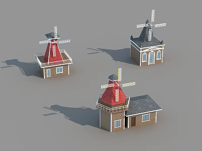 Windmill Building Components Featuring Red Roofs Blades Wooden Walls and Windows Design Details 3d model