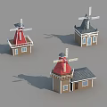 Windmill Building Components Featuring Red Roofs Blades Wooden Walls and Windows Design Details