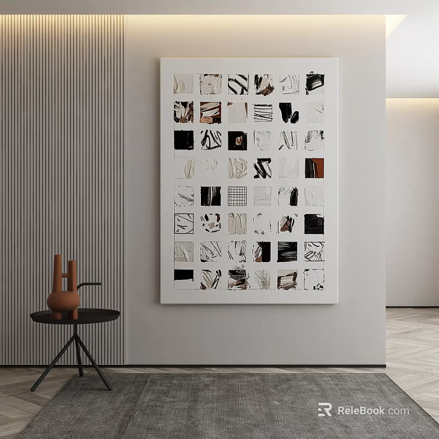 Artwork With Geometric Patterns On White Wall Small Black Table And Brown Vases 3d model 