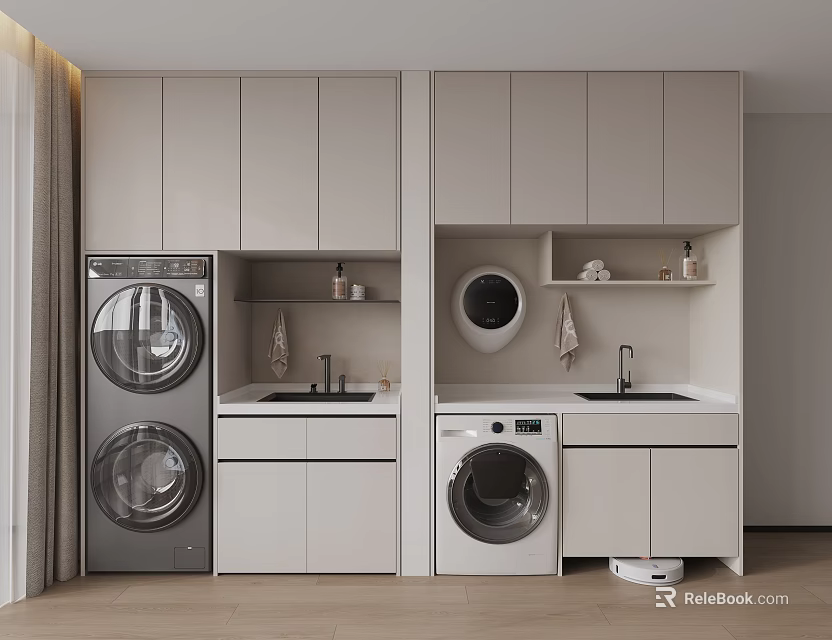 Modern Light Gray Bathroom Cabinetry With Gray White Washing Machines Sink And Shelves 3d model 