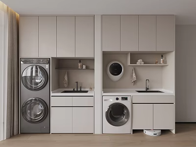 Modern Light Gray Bathroom Cabinetry With Gray White Washing Machines Sink And Shelves 3d model