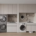 Modern Light Gray Bathroom Cabinetry With Gray White Washing Machines Sink And Shelves