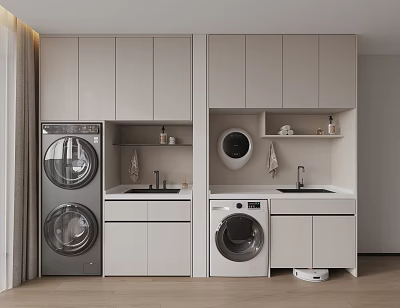 Modern Light Gray Bathroom Cabinetry With Gray White Washing Machines Sink And Shelves 3d model