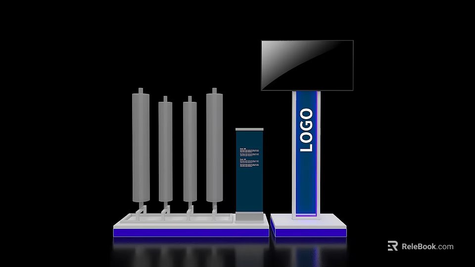 Modern Exhibition Island Featuring Display Pillars Screen LOGO and Blue Accents 3d model 