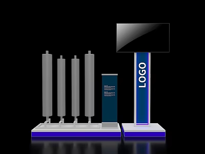 Modern Exhibition Island Featuring Display Pillars Screen LOGO and Blue Accents 3d model