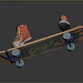 Stylish Orange And Blue Skateboard With Blue Wheels And Red Orange Shoes