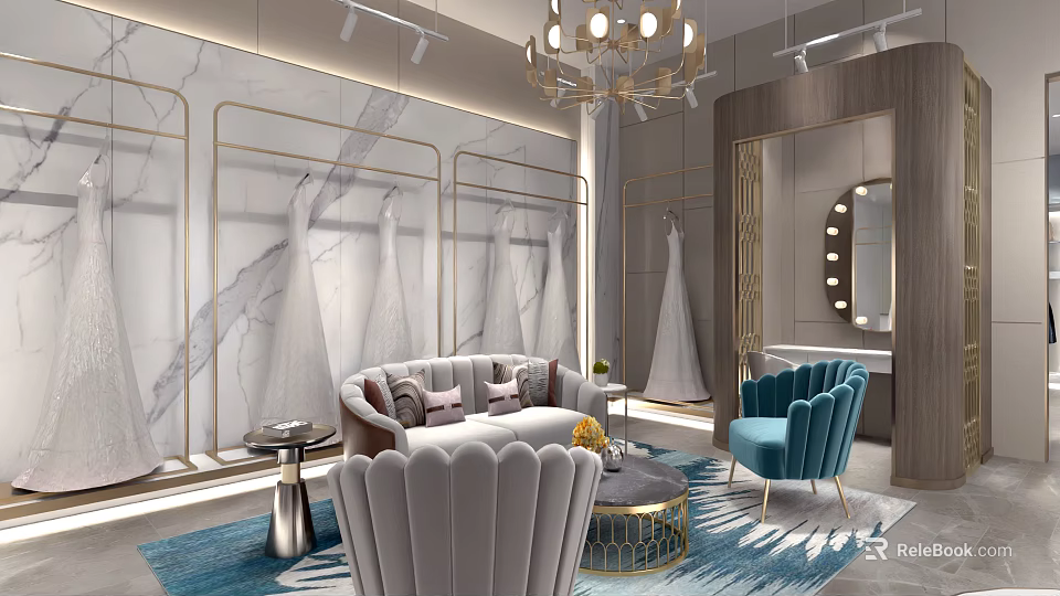 Bridal Shop Interior With Marble Walls Wedding Dresses Sofa Blue Armchair And Chandelier 3d model 